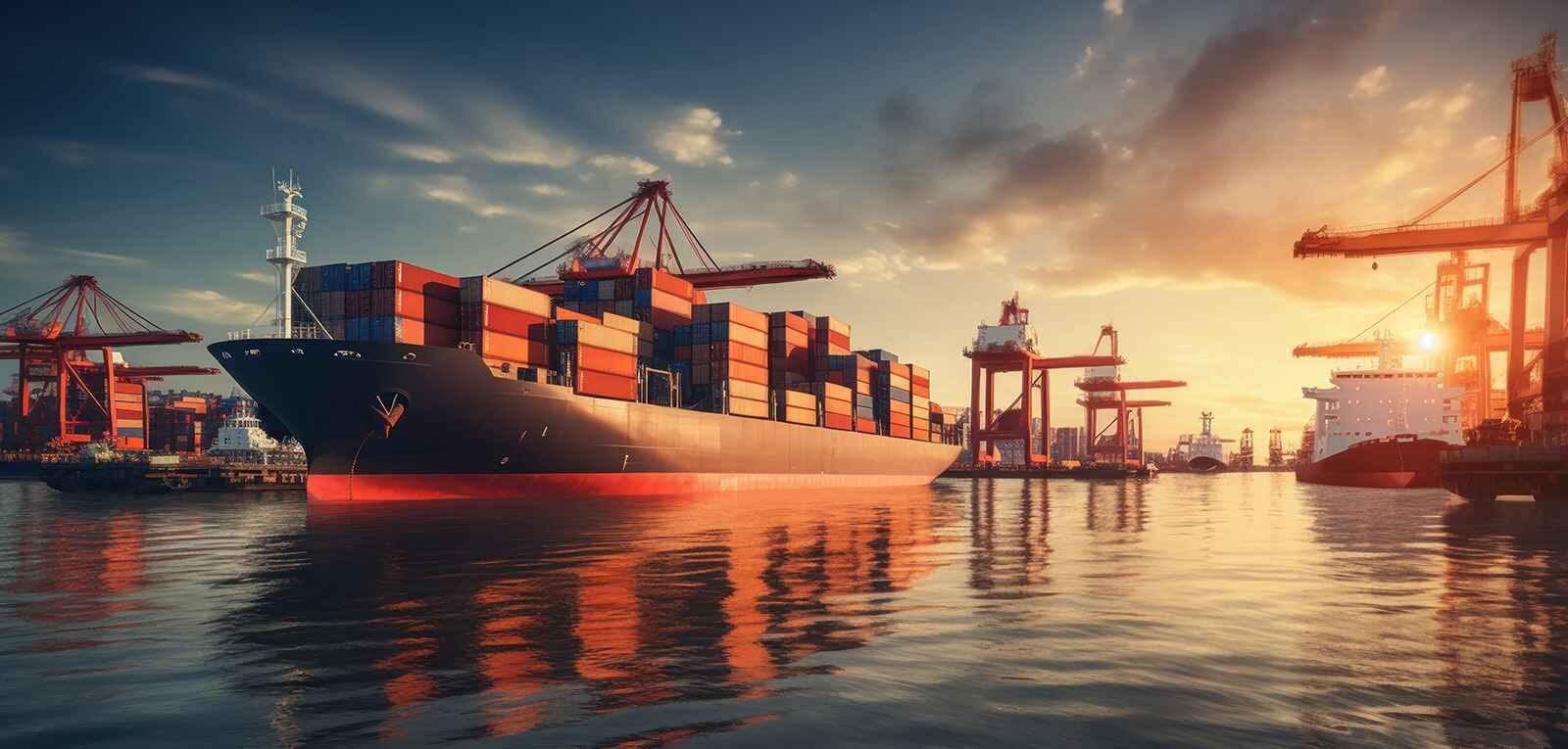 Container ship at a port at sunset